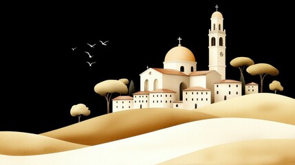 Serene Village Scene at Dusk White Church and Cypress Trees on Tan Hills