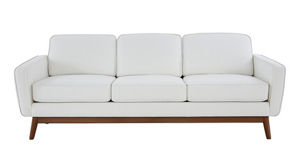 A white couch with a brown frame