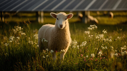Solar Pastures: Lamb Grazing Beneath Solar Panels in a Technologically-Integrated Farm Landscape generate by AI
