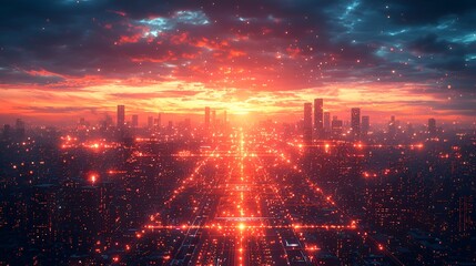 Obraz premium Fiery Sunset Cityscape Aerial View