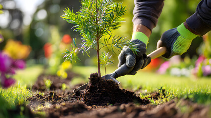 Planting for the Future: Hands Nurturing a Young Tree in a Technologically-Driven Sustainable Garden generate by AI