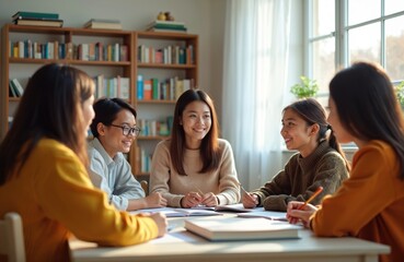 Fototapeta premium Group of young students studying together at table. Smiling faces, engaged in discussion. Books, notepad, pencil on table. Learning process, teamwork, friendly communication atmosphere.