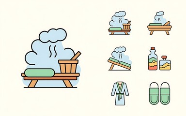 Illustration of sauna and spa elements including benches steam bathrobe slippers and aroma bottles