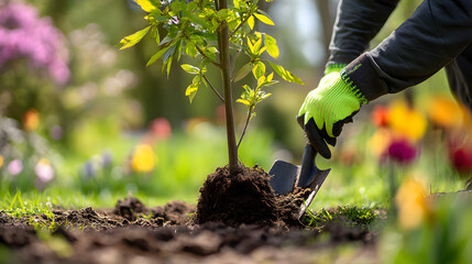 Rooting Change: Tree Planting in a Vibrant Garden Embracing Agricultural Technology and Sustainability generate by AI