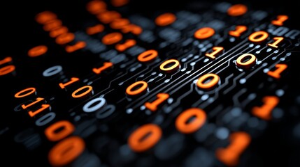 The concept of blockchain is represented through big data, binary code, and futuristic information technology, showcasing data flow and the transfer of large amounts of data within interconnected