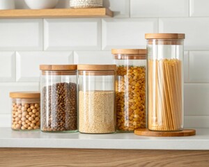 Storage solutions for dry pantry items glass jars with bamboo lids in a modern kitchen environment organized and aesthetic viewpoint