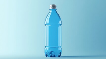 A clear plastic water bottle stands against a vibrant blue backdrop, showcasing its sleek, cylindrical form and refreshing contents