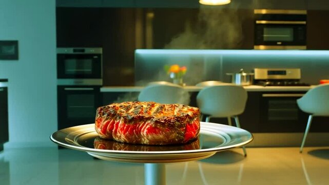 Sizzling Steak in a Modern Kitchen: Hot Meat on a Plate with Smoke"