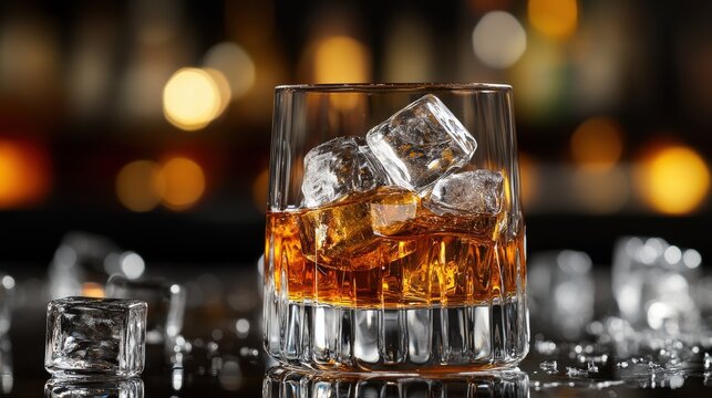 Glass of whiskey with ice cubes on a bar counter, blurred background of bottles