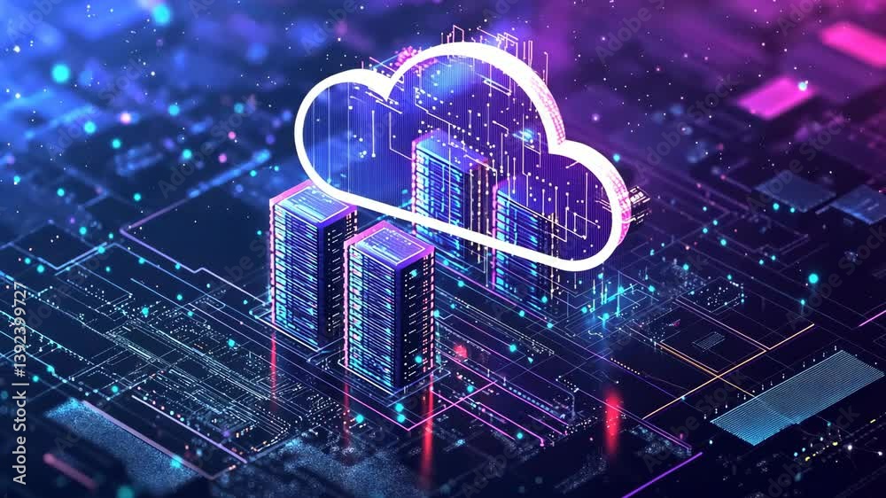 Poster digital data cloud technology and server towers interconnected by circuit boards, representing netwo
