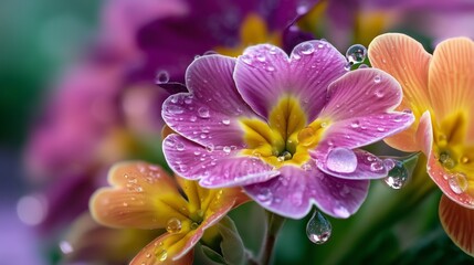 Bright flowers with droplets glimmering in the sunlight after rain in a garden setting