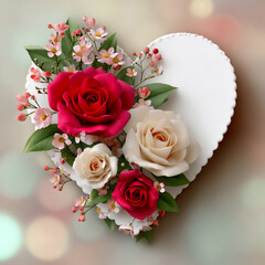 Obraz premium a heart-shaped card with roses and small flowers on the left, a bokeh background