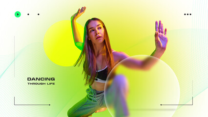 Young female dancer in dynamic pose surrounded by abstract shapes, typography element and soft gradients. Web interface template. Concept of youth culture, contemporary dance. Poster design