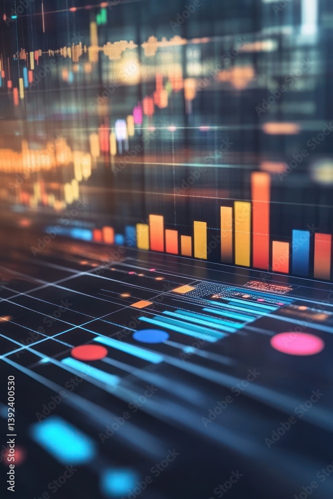Poster abstract financial data visualization with colorful graphs and charts in a digital setting
