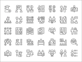 Business employee coaching icons. Business education icon set. Contains symbol of management, training, mentoring, expert, qualification, qualified worker, learning, selection. Vector illustration