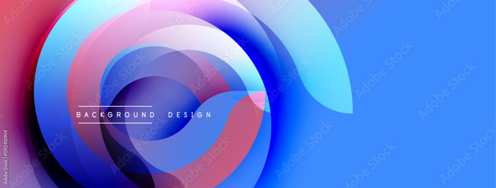Fototapete Abstract design. Overlapping circles create dynamic composition. Blue gradient background with red, purple accents. Modern aesthetic, clean lines.