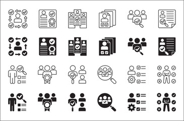 Business employee selection icon set. Professional worker qualification icons. Contains symbol of management, lecture, mentoring, expert, qualified worker, learning, selection. Vector illustration