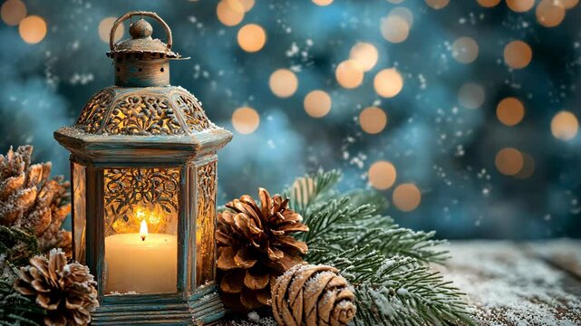 Decorative lantern with candle and pine cones on wooden surface with festive winter background of bokeh lights and falling snow