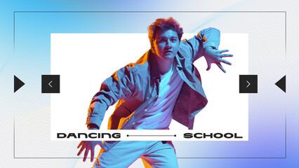 Focused male dancer in spotlight framed by blue gradient background and dancing school typography....
