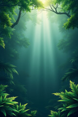 Environmental awareness day. Sunlight streams through a lush forest canopy onto vibrant greenery.