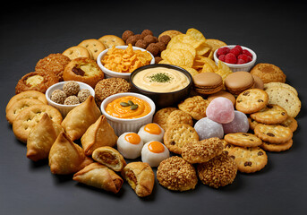 Assorted Snack Platter with Cookies, Samosas, Cakes, and Dips