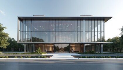 Front view modern office building. Large glass windows, steel frames. Office exterior, architecture, business design. Downtown, cityscape, urban skyline. Contemporary modern office building facade,