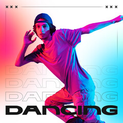 Stylish male hip hop dancer dancing under pink-blue light with layered DANCING text. Concept of youth culture, contemporary dance, interface. Poster design, web design