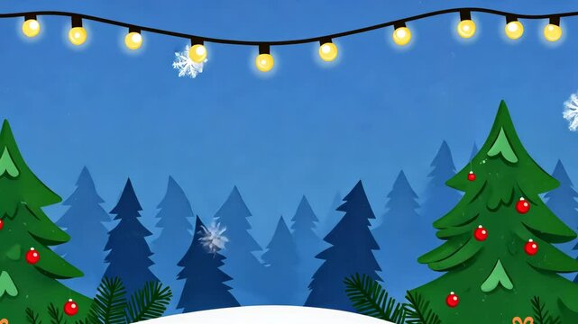 Holiday Season illustration with Evergreen Trees, Snowflakes and String Lights in a Winter Forest at Night