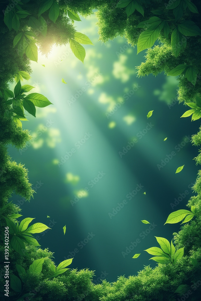 Poster environmental awareness day. lush foliage with rays of light creating a serene atmosphere.