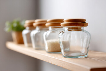 a row of glass jars with bamboo edges and wooden lids on the shelf, a minimalist interior design