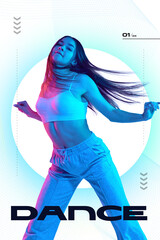 Confident young woman in blue-pink lighting dancing in casual outfit with flowing hair and bold DANCE title. Concept of youth culture, contemporary dance, interface. Poster design, web design