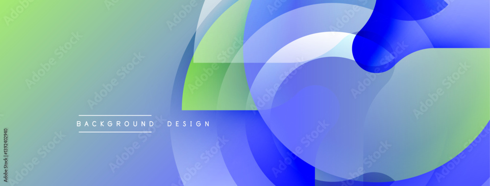 Fototapete Abstract design. Overlapping circles, squares create dynamic composition. Blue, green gradients suggest depth, movement. Modern aesthetic.