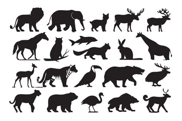 Animal Silhouette Vector Set of Popular Wildlife and Pets, Black Flat Animal Icons – Clean Minimalist Style, Perfect for Logos, Posters, Stickers, and Educational Use vector clipart.