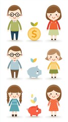 Family Focus Personal Finance, Fun illustrations of people saving money.