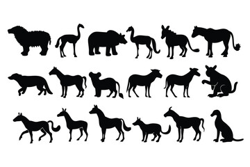 Animal Silhouette Vector Set of Popular Wildlife and Pets, Black Flat Animal Icons – Clean Minimalist Style, Perfect for Logos, Posters, Stickers, and Educational Use vector clipart.