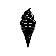 A black and white vector silhouette of a classic ice cream cone with a swirled scoop on top on a white background