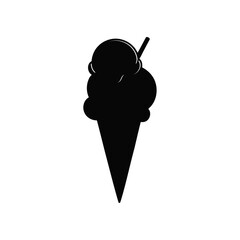 A black and white vector silhouette of a soft-serve ice cream swirl in a cup with a spoon on a white background