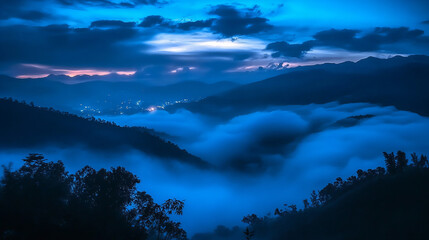 Misty mountain peaks with fog and pine trees at sunrise in China, dramatic rock formations and serene forest landscape for travel, wellness, meditation, nature background, or environmental themes

