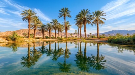 Obraz premium Oasis palm trees reflecting in calm water, desert mountains background, nature serenity