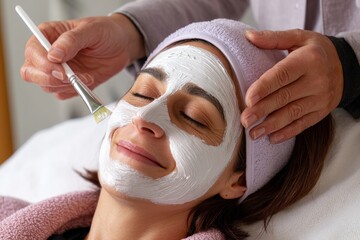 A serene young woman or teenager with half of her face covered in a calming kaolin clay facial mask lies on a soft towel in a spa or beauty parlor for a pampering treatment to achieve fresh and clear