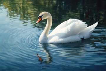 Naklejka premium A White Swan Gliding Gracefully on a Blue Pond