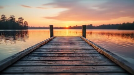 Obraz premium Sunset reflection over calm lake scenic dock view nature photography tranquil environment serene landscape
