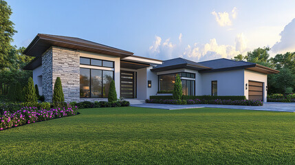 Modern house with spacious grassy area and minimal design