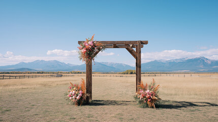 Fototapeta premium Unveil bohemian charm with a rustic bridal arch featuring warm wooden beams and artistic detailing