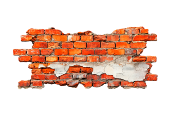 Exposed brick wall with weathered texture isolated on transparent background