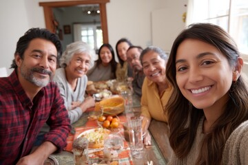 A Latin family gathered at home for a meal takes a selfie, with a focus on the mother's happy face