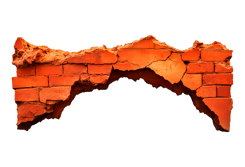 Textured orange brick wall with cracks isolated on transparent background