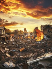 Devastated cityscape after a disaster. Fiery destruction at sunset