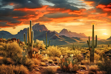Desert landscape with two cacti and mountains in the background
