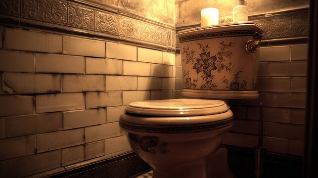 Discover timeless sophistication with a porcelain vintage toilet elegantly placed against an antiquated architectural background